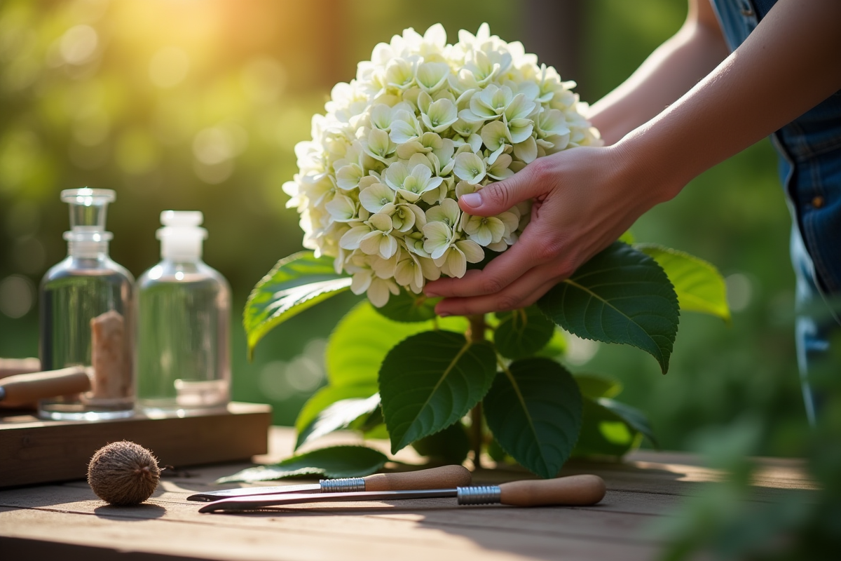 Mains manipulant une hydrangea saine en extérieur avec outils de jardinage