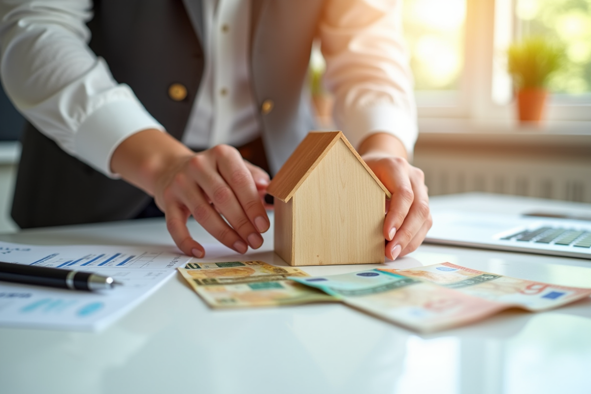Mains tenant une maison en bois et des billets d