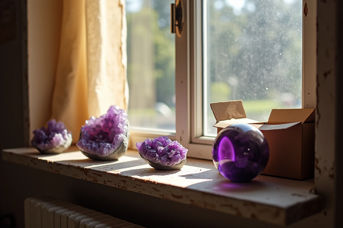 Pierres violettes et améthystes mal entreposées sur un rebord de fenêtre ensoleillé avec une boîte de rangement poussiéreuse, illustrant les erreurs de conservation et d'exposition