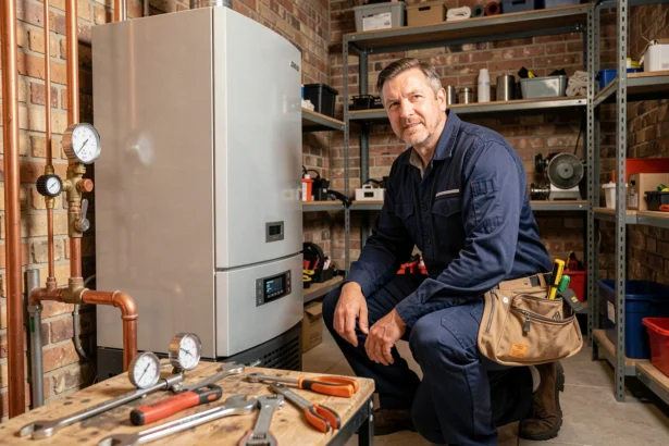 Un chauffagiste professionnel de l'Oise en uniforme bleu marine installe une chaudière moderne dans une chaufferie résidentielle bien équipée