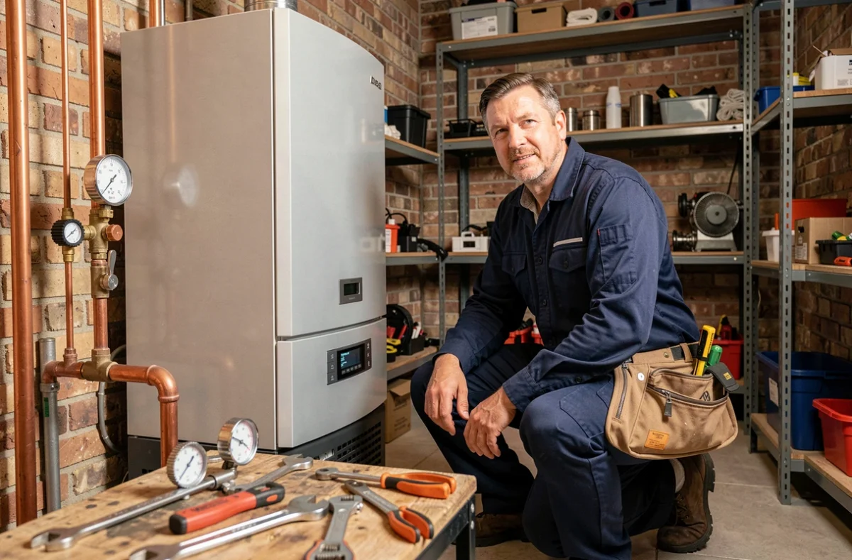 Un chauffagiste professionnel de l'Oise en uniforme bleu marine installe une chaudière moderne dans une chaufferie résidentielle bien équipée