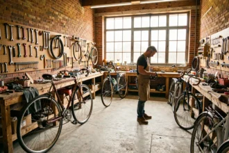 Atelier de réparation de vélos en Nouvelle-Aquitaine avec plusieurs bicyclettes et un mécanicien au travail