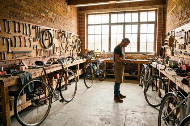 Atelier de réparation de vélos en Nouvelle-Aquitaine avec plusieurs bicyclettes et un mécanicien au travail