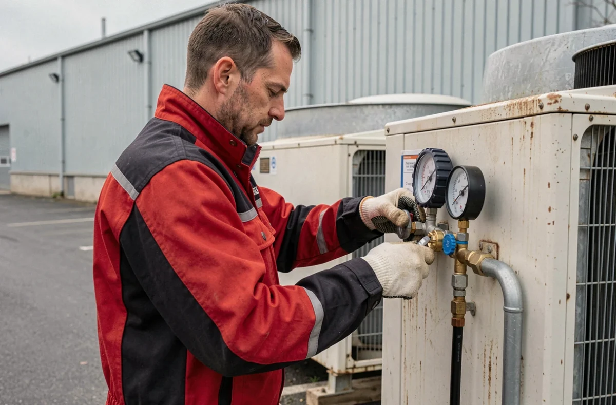 Un technicien de Mercury Froid en veste de travail rouge contrôle la pression d'un groupe frigorifique commercial devant un entrepôt industriel français
