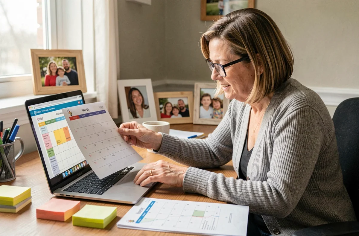 Mère de famille comparant les emplois du temps scolaires semaine paire et impaire sur son bureau à domicile