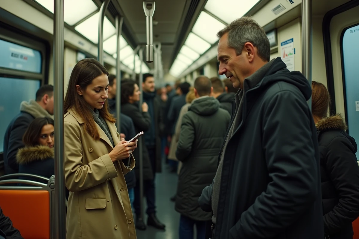 Intérieur bondé d'une rame de métro ligne 7 à Paris pendant les heures de pointe avec des voyageurs debout agrippés aux barres