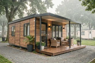 Mobil-home de qualité moderne avec terrasse couverte dans un cadre naturel de camping verdoyant
