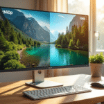 Moniteur moderne affichant une scene nature en 1440p et 1080p