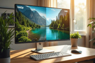 Moniteur moderne affichant une scene nature en 1440p et 1080p