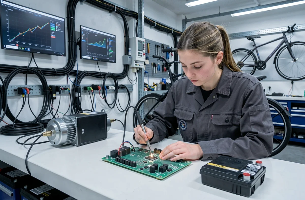 Technicienne en réparation et électrification de vélos électriques dans l'atelier MOOD Vélocyclettes à Bordeaux