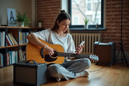 Jeune femme jouant de la guitare en appartement et consultant un simulateur de niveau sonore sur smartphone lors d'une répétition