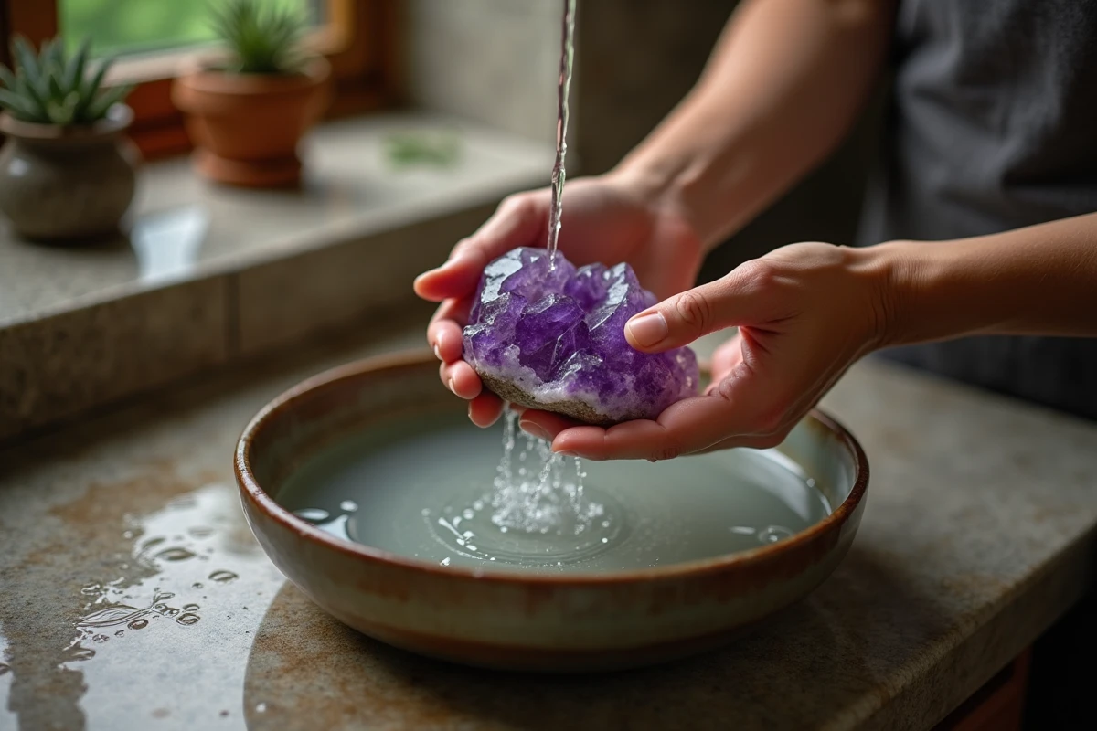 Mains adultes rinçant une améthyste brute sous l'eau dans un bol en céramique, illustrant l'importance de nettoyer et purifier ses pierres violettes régulièrement