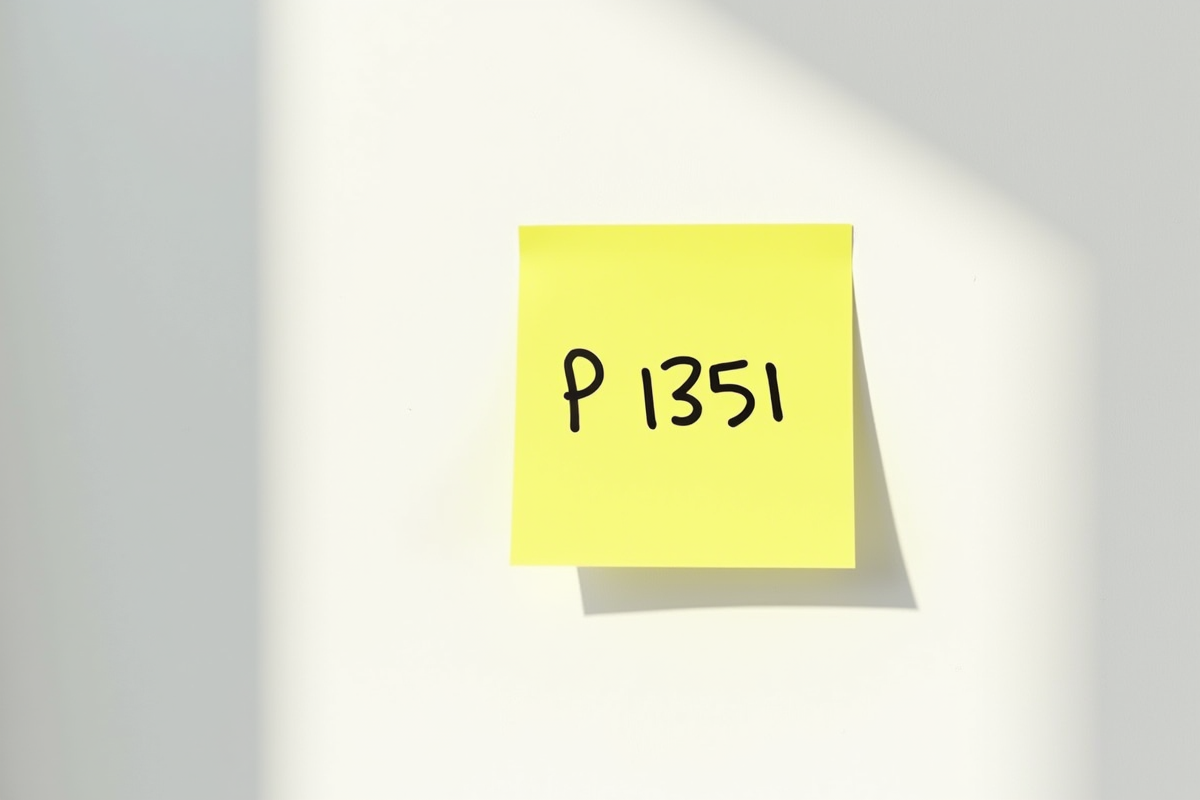 Note jaune manuscrite P1351 sur mur blanc lumineux