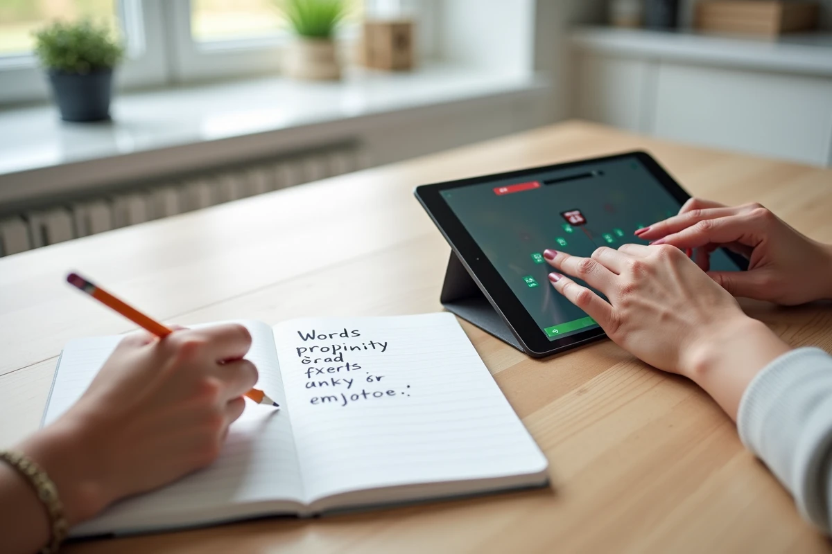 Mains féminines prenant des notes sur un carnet à côté d'une tablette affichant un jeu de mots Cemantix