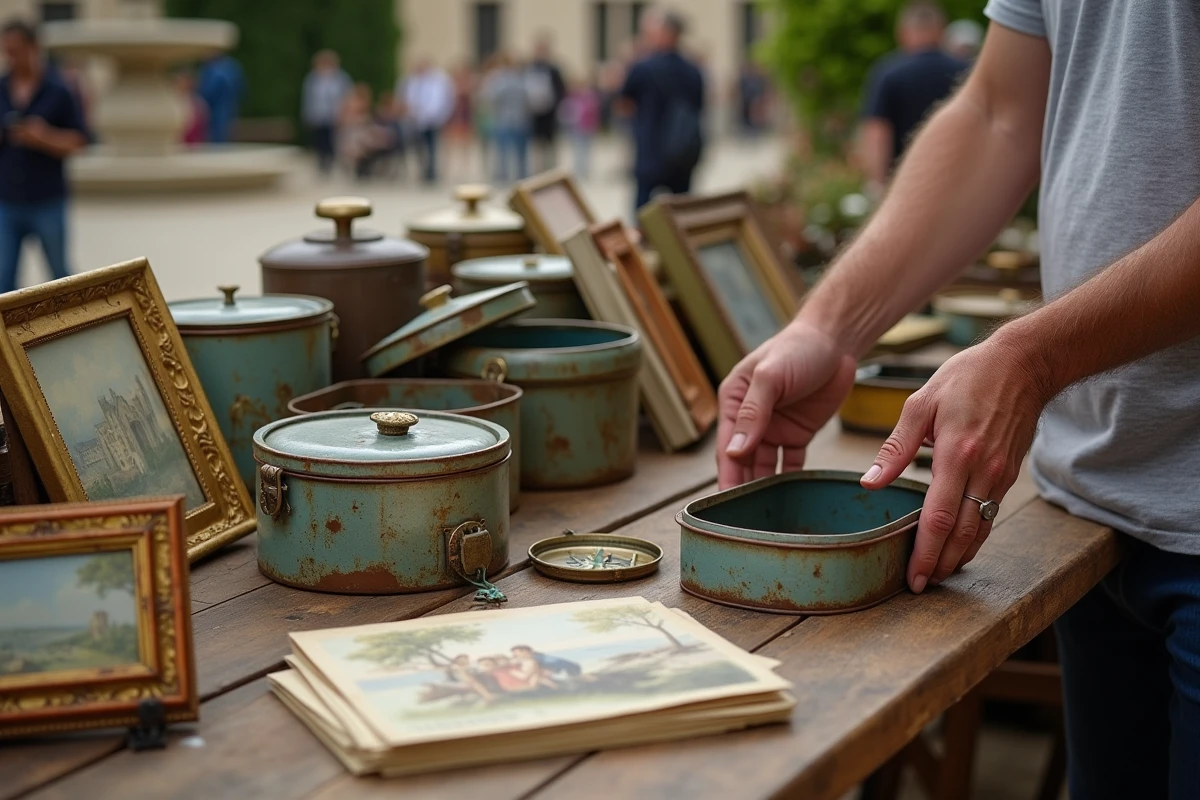 Gros plan sur des objets de brocante vintage disposés sur une table en bois lors d'un vide-grenier dans le Cantal
