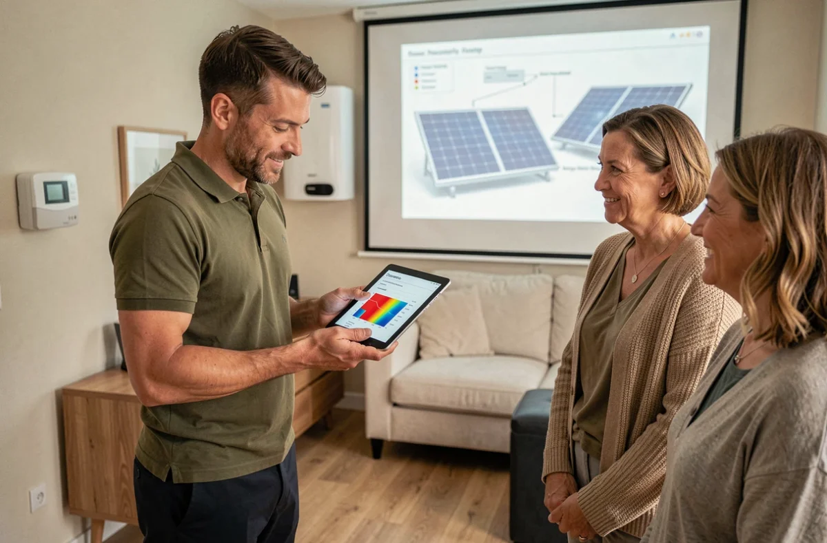 Un conseiller en optimisation énergétique d'OHE présente un audit thermique sur tablette à des propriétaires dans leur salon avec un schéma de panneau solaire en arrière-plan
