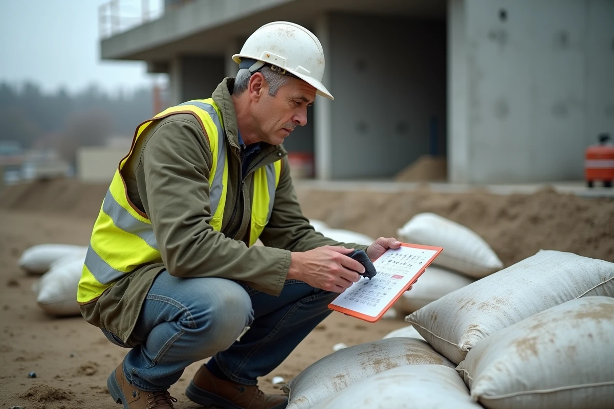 Ouvrier sur chantier utilisant un tableau de conversion de volumes en m3 avec une tablette numérique