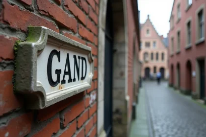 Panneau de rue en pierre gravée dans une ruelle pavée d'une ville belge historique de quatre lettres