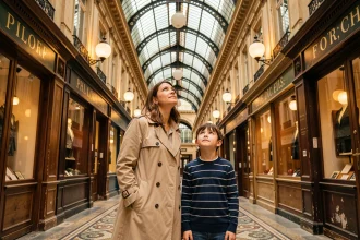 Mère et enfant admirant le plafond en verre d'un passage couvert parisien du XIXe siècle