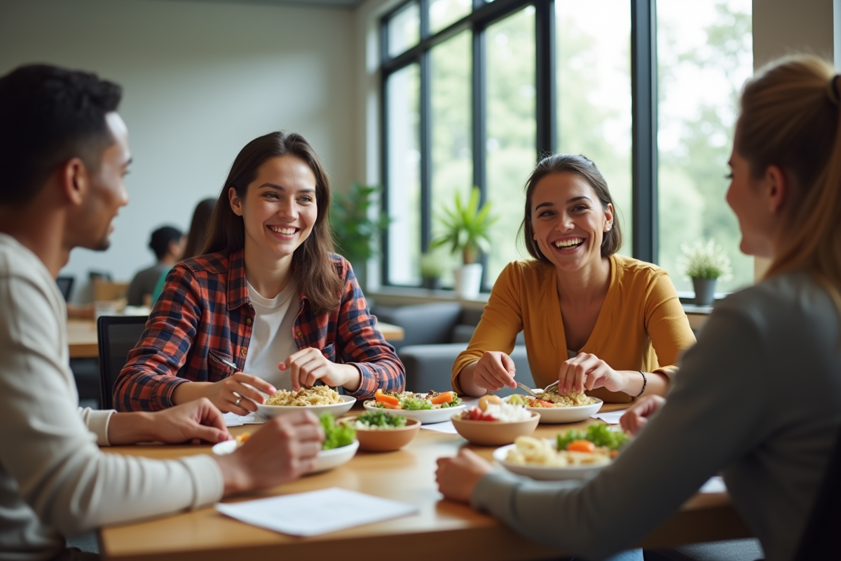 Employes souriants partageant un repas dans une salle de pause lumineuse