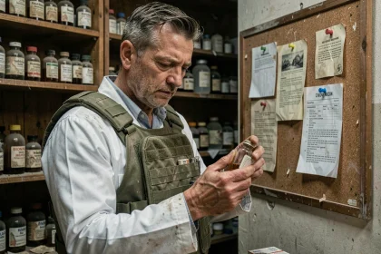Pharmacien ARC Raider en veste tactique examinant un flacon de médicament dans une pharmacie post-apocalyptique poussiéreuse