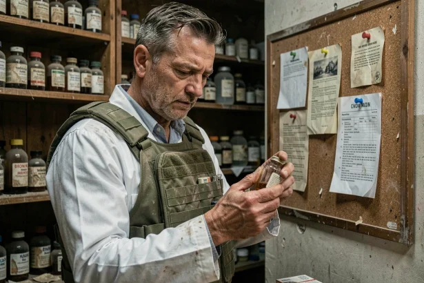 Pharmacien ARC Raider en veste tactique examinant un flacon de médicament dans une pharmacie post-apocalyptique poussiéreuse