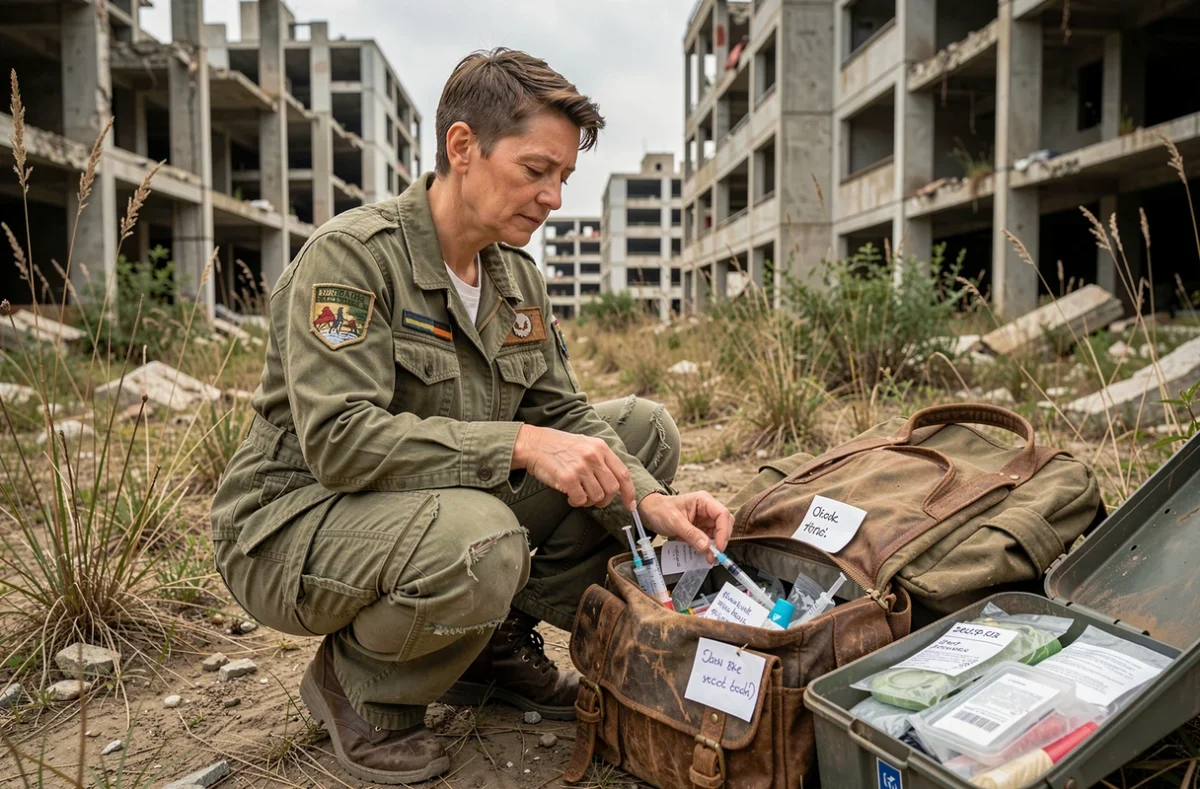 Femme pharmacienne ARC Raider triait des fournitures médicales dans un environnement urbain en ruine
