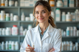 Pharmacienne en blouse blanche tenant des pilules homeopathiques