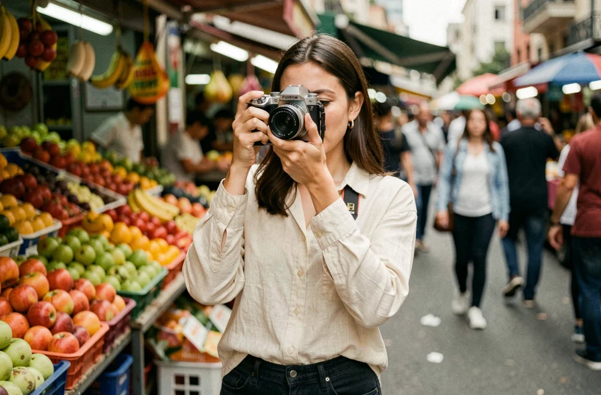 Photographe utilisant un Fujifilm X-T30 lors d'une séance de photographie de rue dans un marché animé