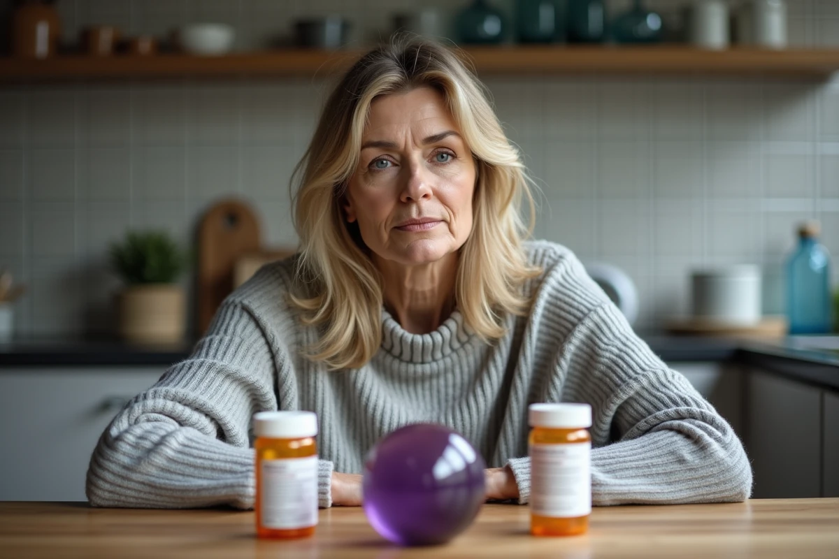 Femme adulte assise à une table de cuisine avec une améthyste et des médicaments sur ordonnance, illustrant l'erreur de croire que les pierres violettes peuvent remplacer un traitement médical
