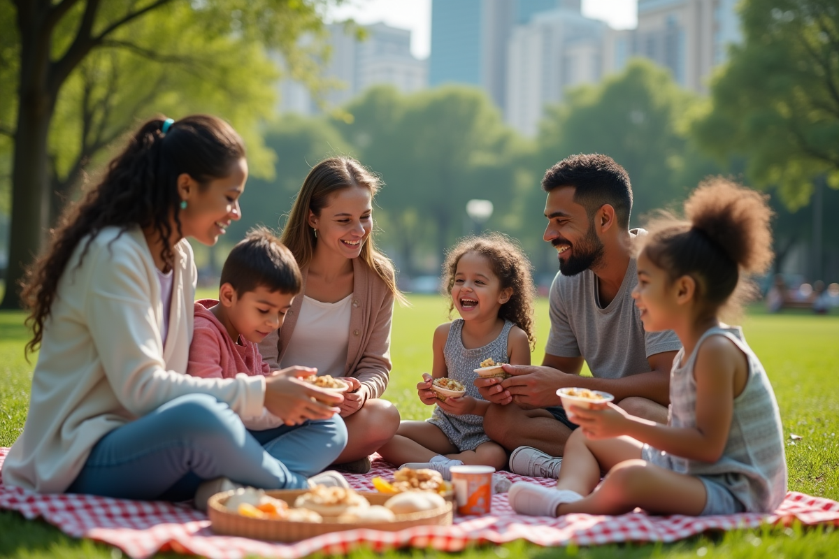 Famille diverse partageant un pique-nique dans un parc urbain