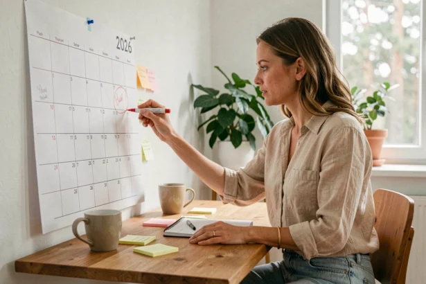 Femme planifiant ses vacances 2026 sur un calendrier papier dans une cuisine scandinave moderne
