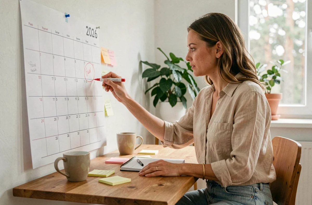 Femme planifiant ses vacances 2026 sur un calendrier papier dans une cuisine scandinave moderne
