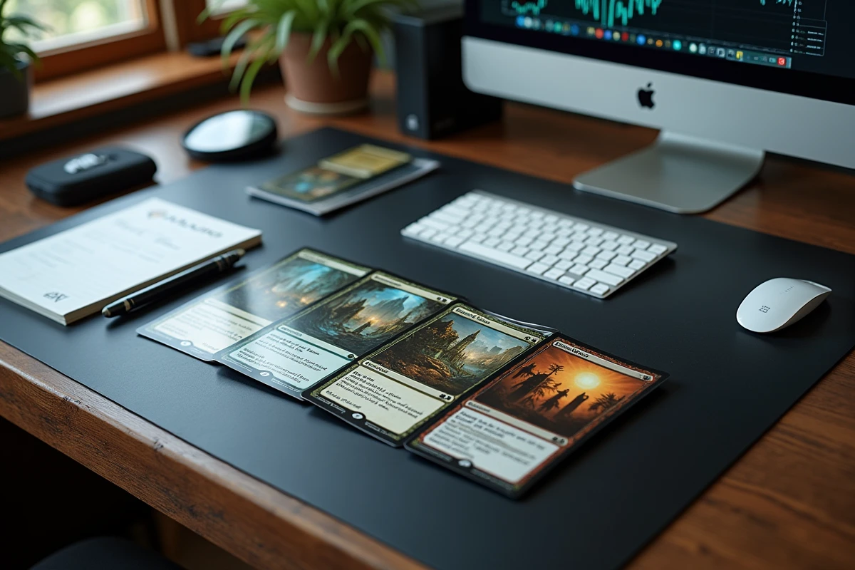 Plateau de cartes Magic rares villes et Secret Lair disposées sur un bureau de collectionneur avec loupe et guide de prix