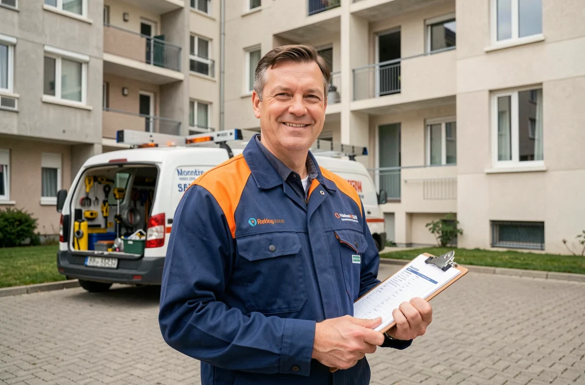 Un plombier-chauffagiste en veste bleue et orange se tient devant un immeuble résidentiel à Montataire avec son camion de service et un clipboard de contrôle