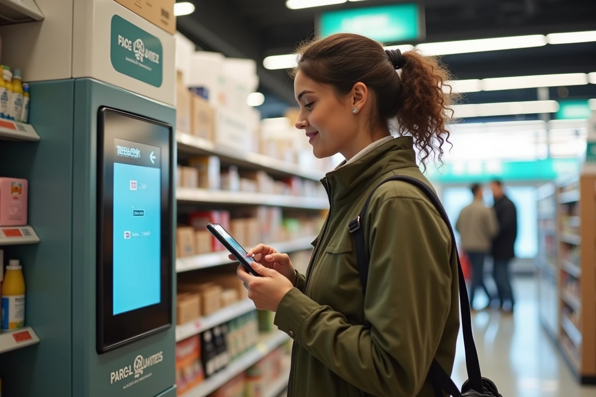 Femme récupérant un colis dans un point relais Mondial Relay installé dans un supermarché français