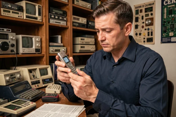 Homme tenant un ancien téléphone mobile des années 2000 symbolisant la bataille des marques pour le titre de premier smartphone