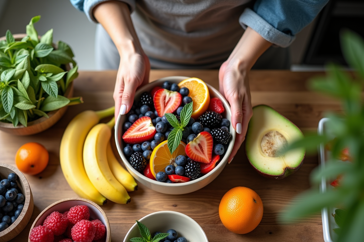Femme végétarienne préparant une salade de fruits dans une cuisine moderne
