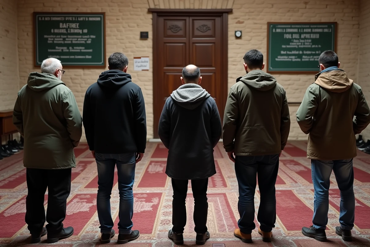 Fidèles accomplissant la prière collective dans une salle communautaire parisienne pendant le ramadan