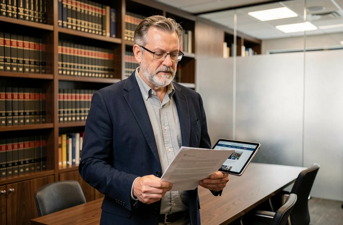 Professionnel du droit examinant le contenu et les limites légales d'une plateforme web dans une bibliothèque juridique