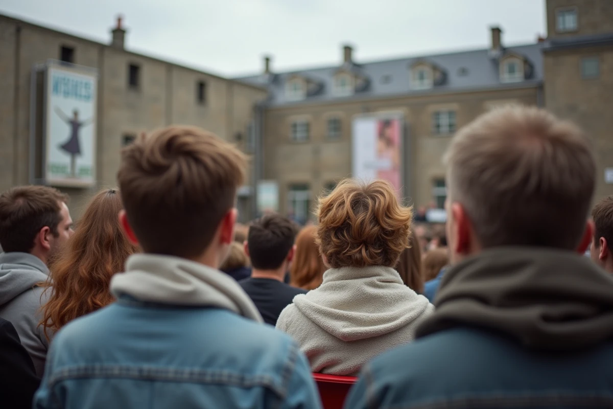Public attentif assistant à une représentation de danse au festival Pharenheit 2026 au Havre dans une cour extérieure