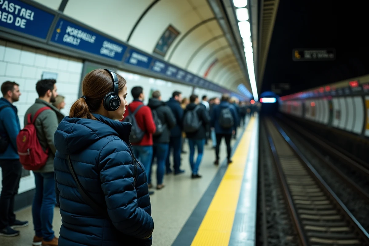 Quai de métro parisien ligne 7 animé aux heures de pointe avec des voyageurs attendant le prochain train