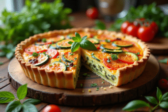Quiche zucchini fraîche sur table en bois rustique