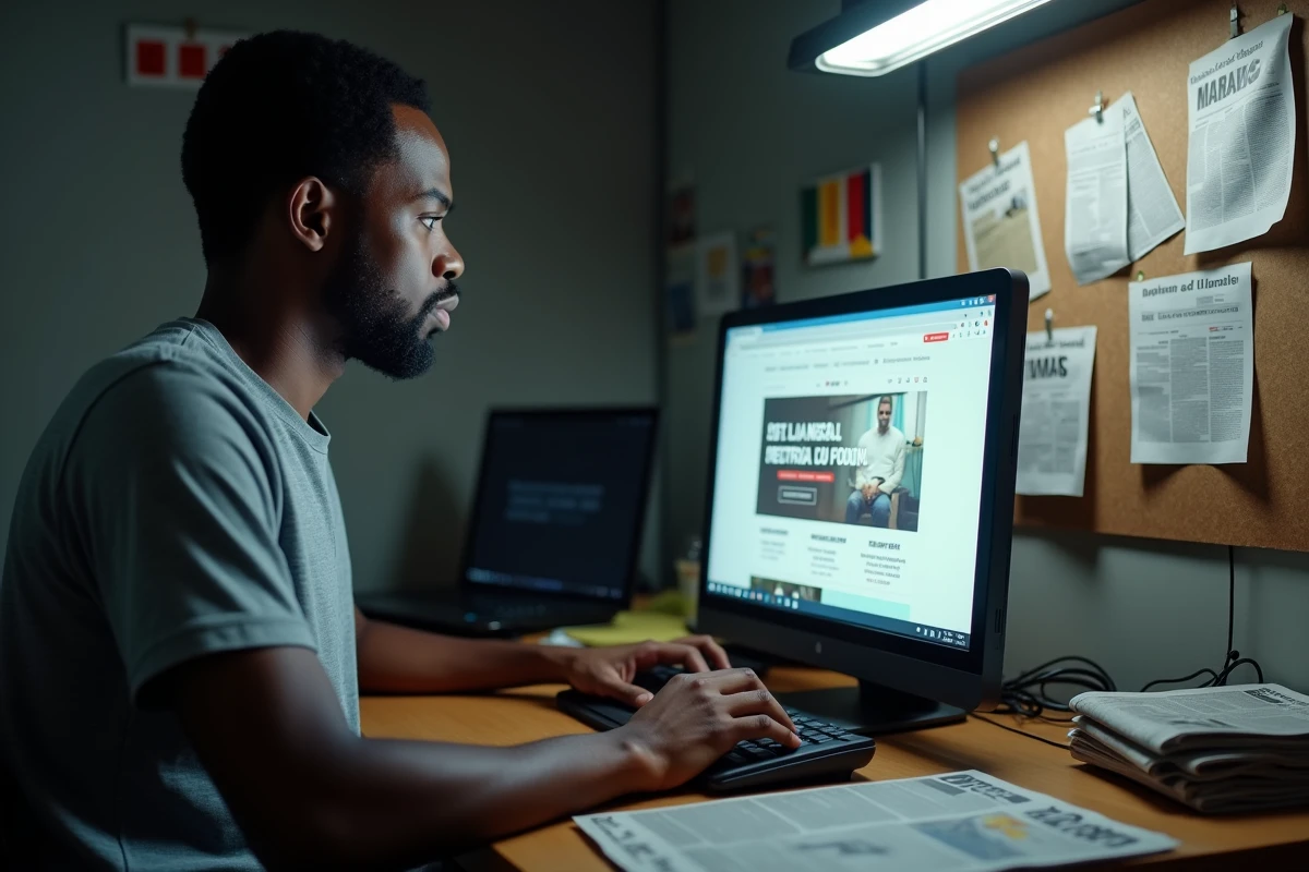 Jeune journaliste congolais travaillant sur un site de presse alternative depuis un bureau communautaire