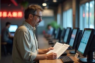 Homme consultant les règles de dépôt au comptoir d'un cybercafé moderne