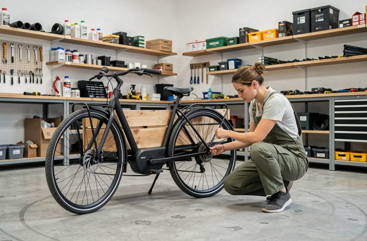 Mécanicienne réparant un grand vélo cargo électrique dans l'atelier Reine Cargo à Bordeaux
