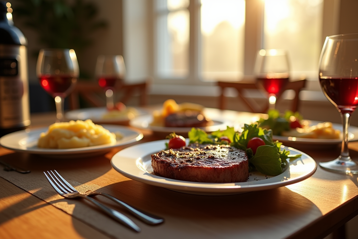 Table de famille avec rôti de boeuf et accompagnements au matin