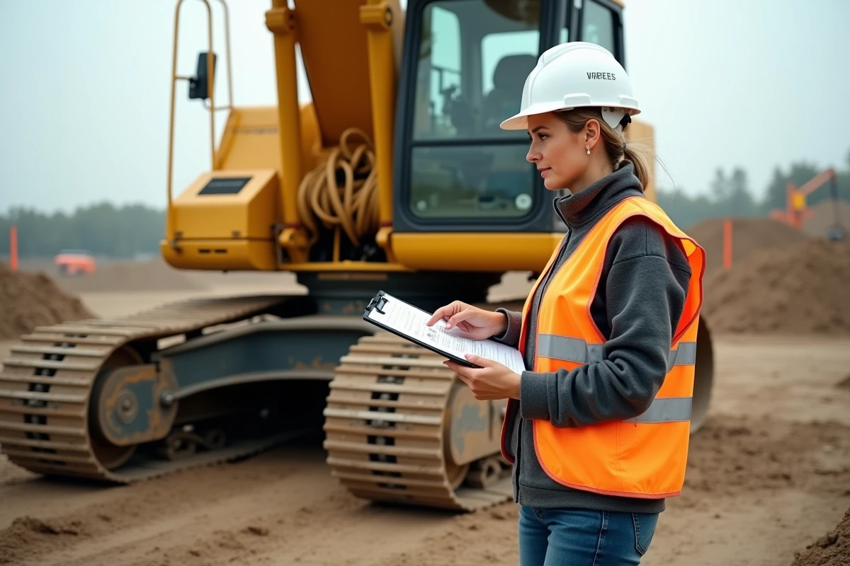Responsable de chantier vérifiant les certifications et permis d'une pelle mécanique sur un terrain de terrassement
