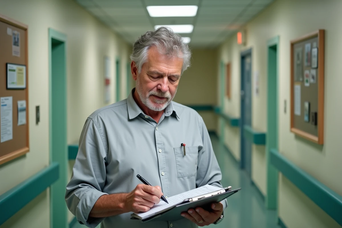 Responsable qualité d'un ESSMS complétant une grille d'indicateurs qualité sur un presse-papiers dans un couloir de structure médico-sociale