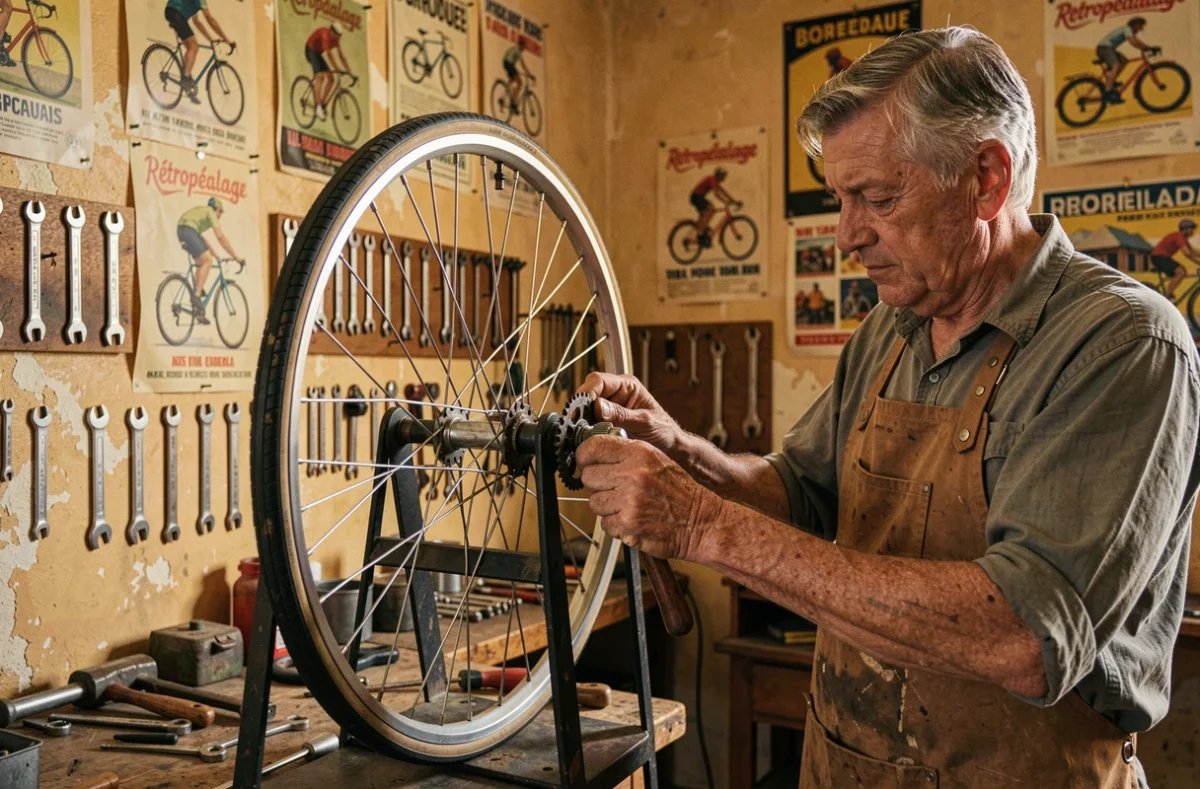 Mécanicien expérimenté centrant une roue sur un stand de truing dans l'atelier Rétropédalage à Bordeaux